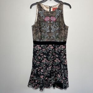 MONIQUE LHUILLIER Dress Womens 10 Black Embroidered Floral Overlay Sleeveless